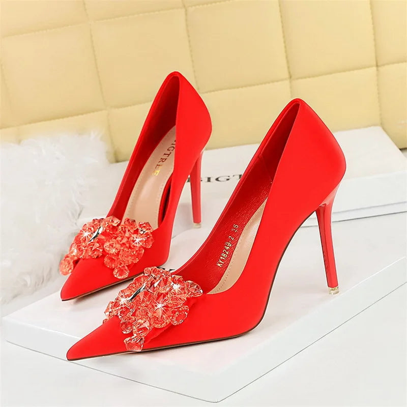 Rhinestones Pointed Toe Shallow Mouth Pumps Crystal Bow knot Satin Sandals High Heel Party Prom Single Shoes