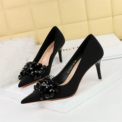 Rhinestones Pointed Toe Shallow Mouth Pumps Crystal Bow knot Satin Sandals High Heel Party Prom Single Shoes