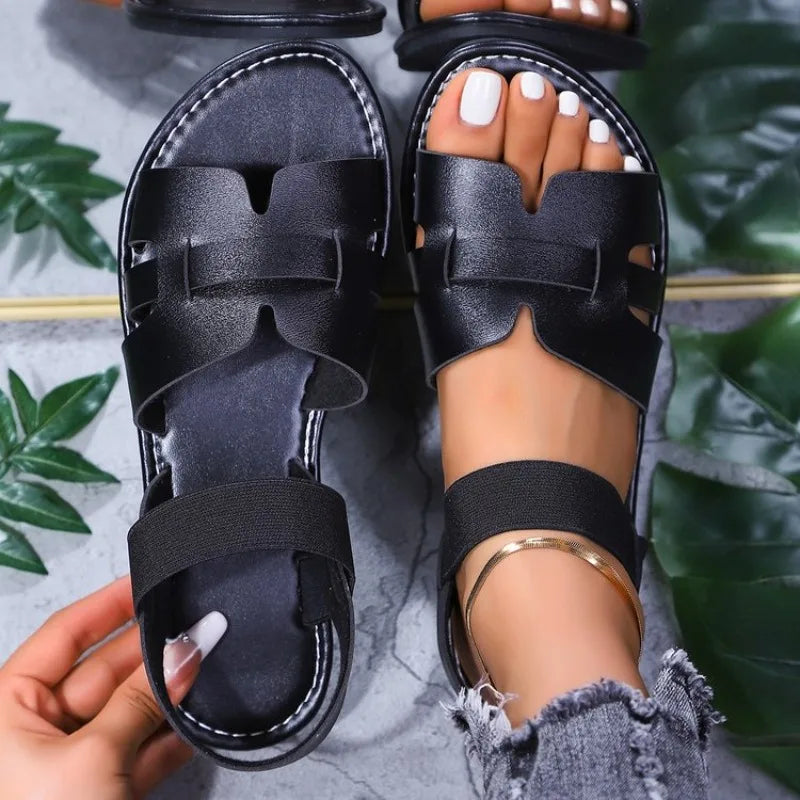 Round Toe Elastic BFlat Sandals Comfortable Luxury Shoes Fashionable Open Toe Roman Beach Shoes
