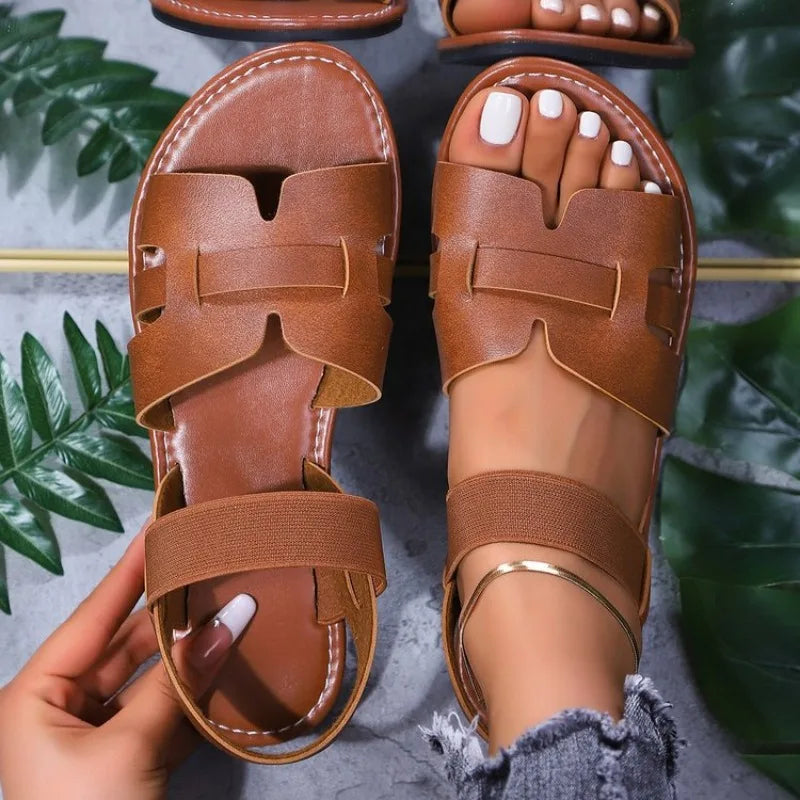Round Toe Elastic BFlat Sandals Comfortable Luxury Shoes Fashionable Open Toe Roman Beach Shoes