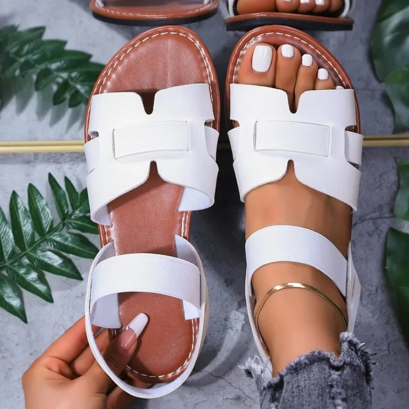 Round Toe Elastic BFlat Sandals Comfortable Luxury Shoes Fashionable Open Toe Roman Beach Shoes