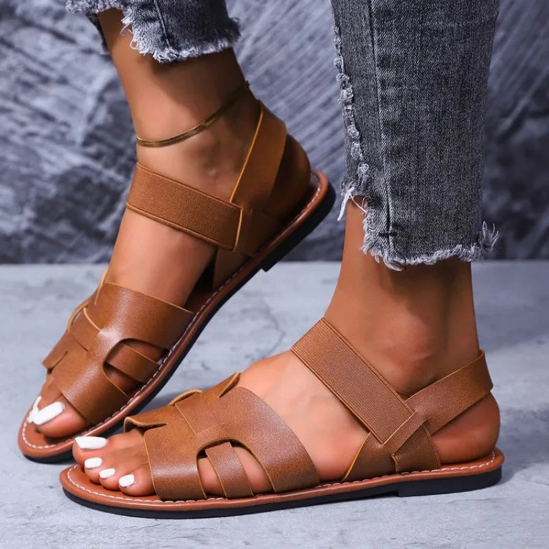 Round Toe Elastic BFlat Sandals Comfortable Luxury Shoes Fashionable Open Toe Roman Beach Shoes