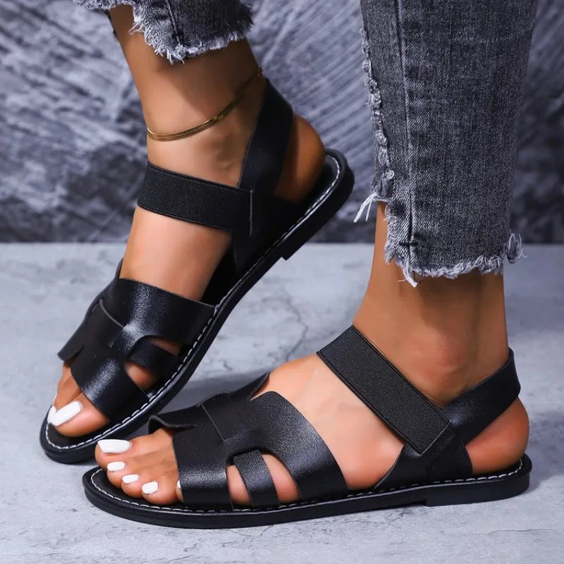 Round Toe Elastic BFlat Sandals Comfortable Luxury Shoes Fashionable Open Toe Roman Beach Shoes