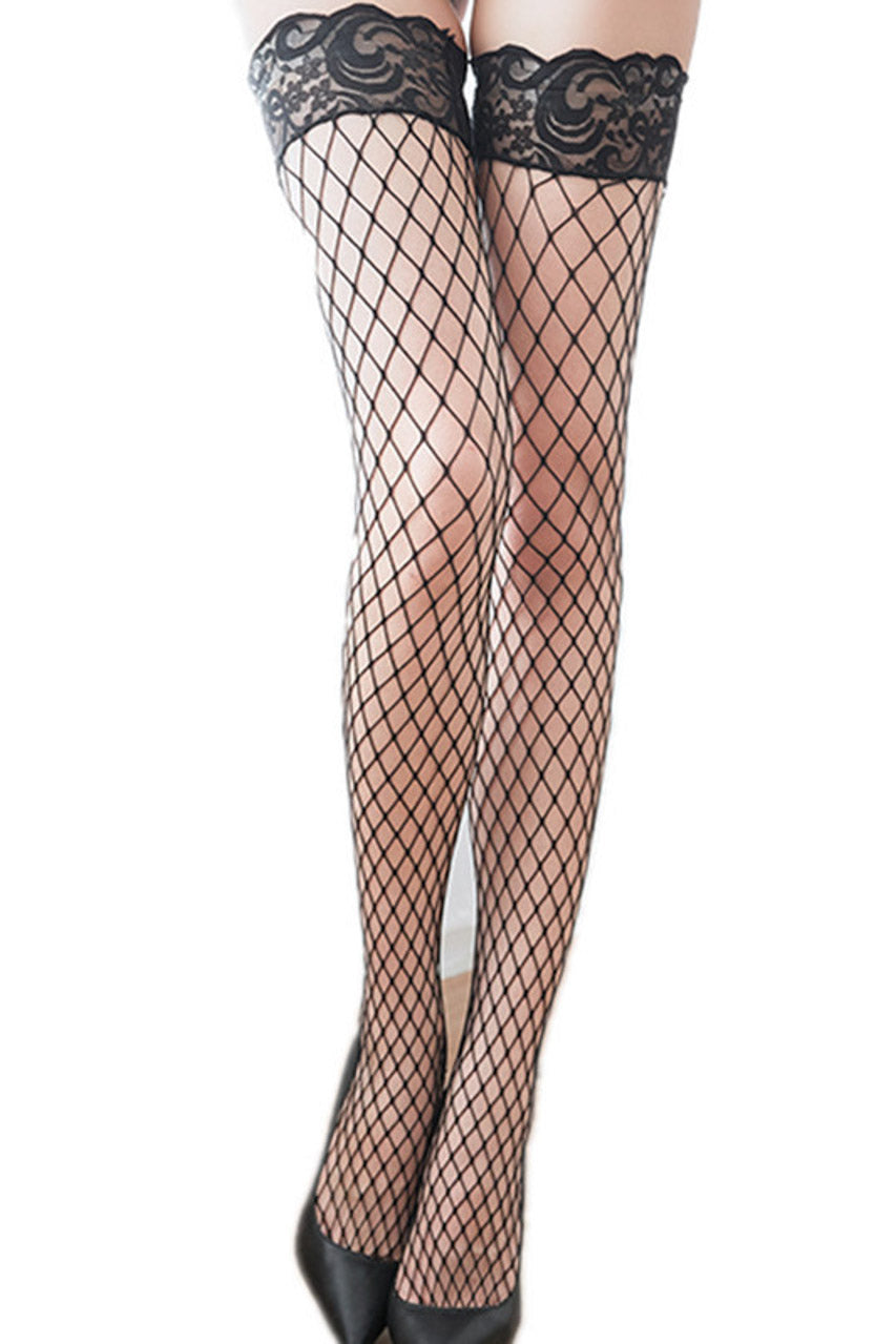 Wide Net Stockings With A Lace Band