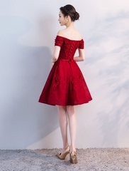 Off Shoulder Wine Red Short Beaded Homecoming Dress