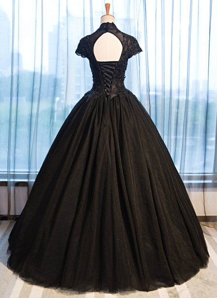 Beautiful Black Cap Sleeves Long Tulle Party Dress