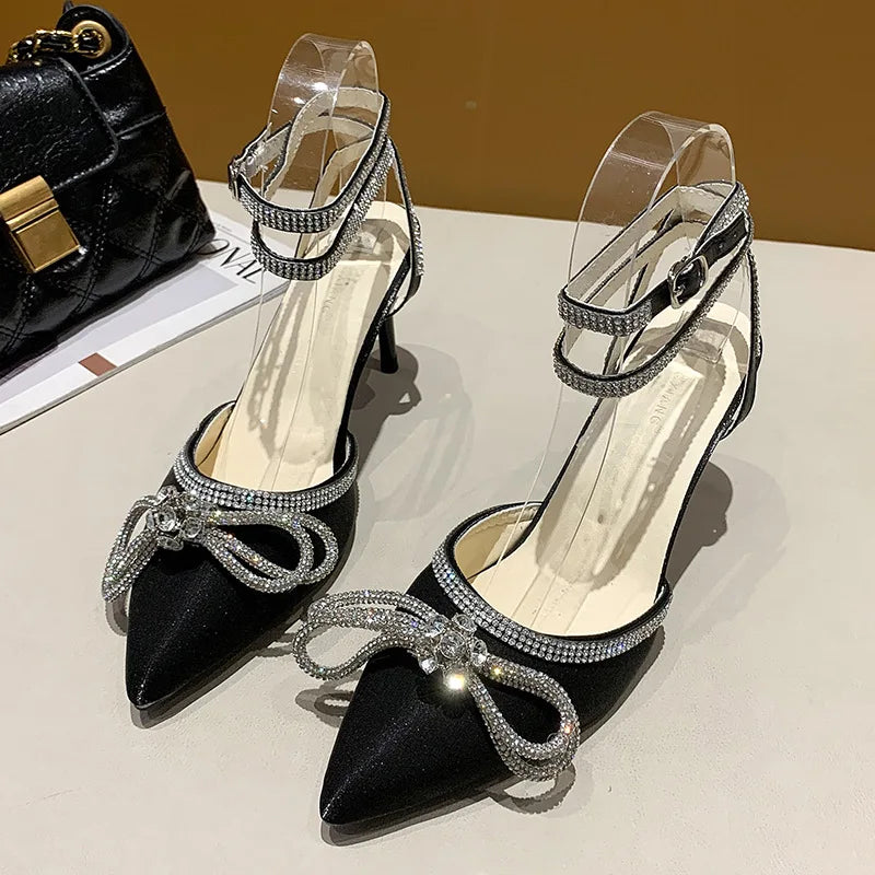 Sexy Pointy Skinny Heel with A Line with Rhindiamonds Cool Shoes Fairy Wind Black Temperament High Heels