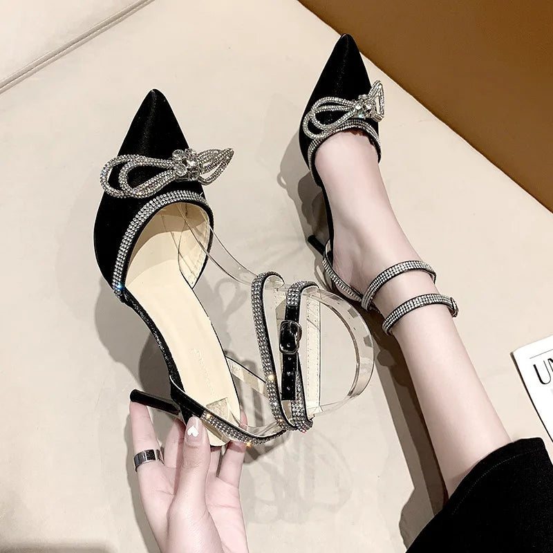 Sexy Pointy Skinny Heel with A Line with Rhindiamonds Cool Shoes Fairy Wind Black Temperament High Heels