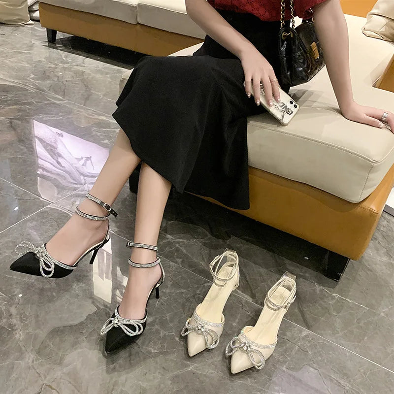 Sexy Pointy Skinny Heel with A Line with Rhindiamonds Cool Shoes Fairy Wind Black Temperament High Heels