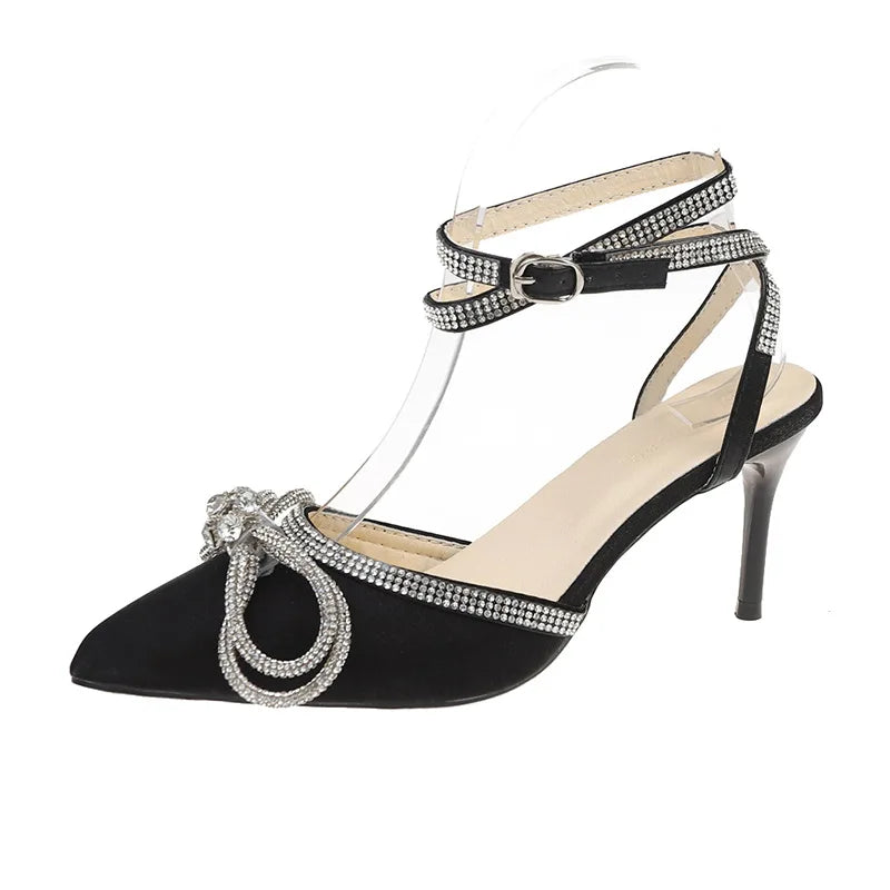 Sexy Pointy Skinny Heel with A Line with Rhindiamonds Cool Shoes Fairy Wind Black Temperament High Heels