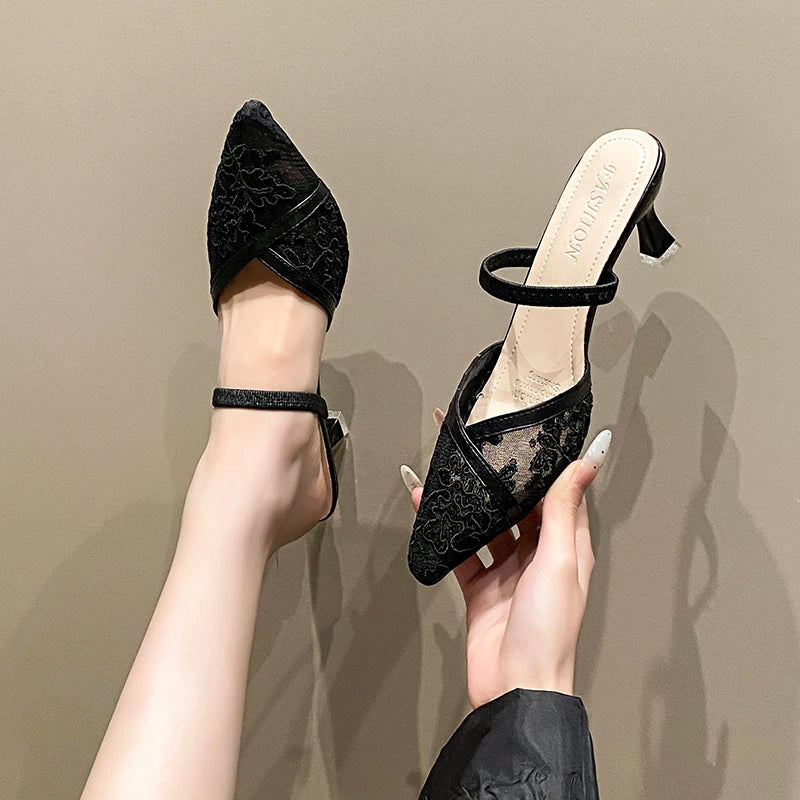 Sexy lace one-strap slippers style high-heeled pointed-toe French-style back-swept slippers Plus-size