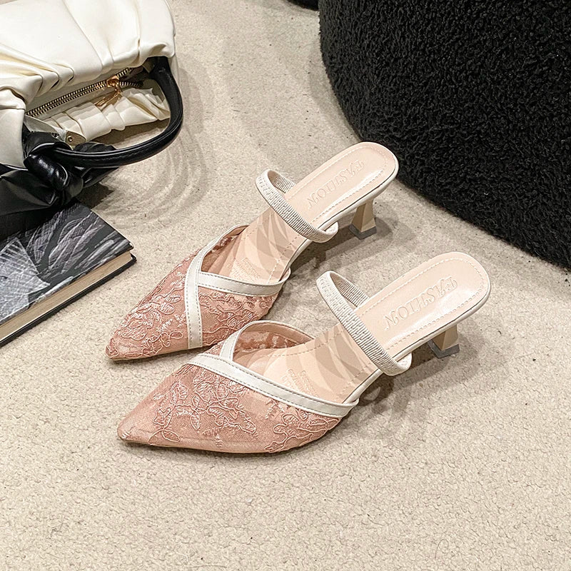 Sexy lace one-strap slippers style high-heeled pointed-toe French-style back-swept slippers Plus-size