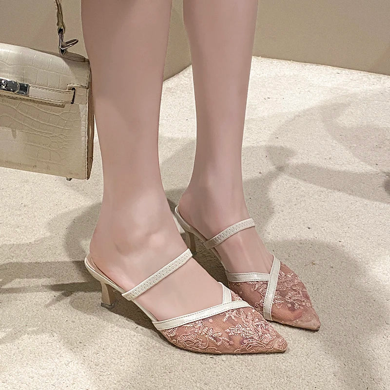 Sexy lace one-strap slippers style high-heeled pointed-toe French-style back-swept slippers Plus-size