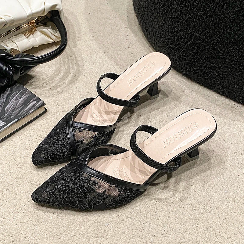 Sexy lace one-strap slippers style high-heeled pointed-toe French-style back-swept slippers Plus-size