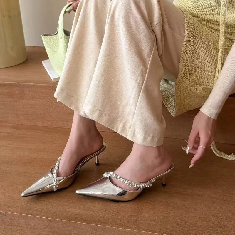 Sexy silver stiletto platform slippers - fairy charm chain-toe flip-flops - Fashionable comfortable shoes