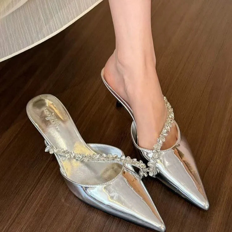 Sexy silver stiletto platform slippers - fairy charm chain-toe flip-flops - Fashionable comfortable shoes