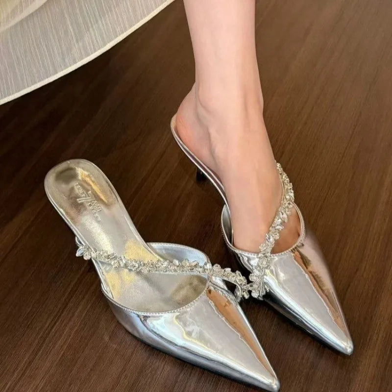 Sexy silver stiletto platform slippers - fairy charm chain-toe flip-flops - Fashionable comfortable shoes
