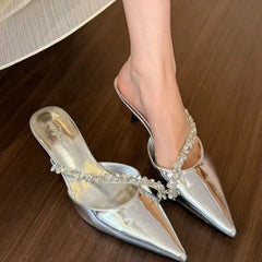 Sexy silver stiletto platform slippers - fairy charm chain-toe flip-flops - Fashionable comfortable shoes