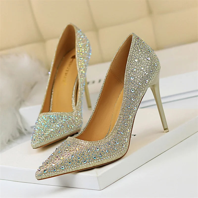 Shallow Mouth Pointed Color Rhinestone Pumps Wedding Party Sweet Pump Stiletto Thin High Heel Single Shoes