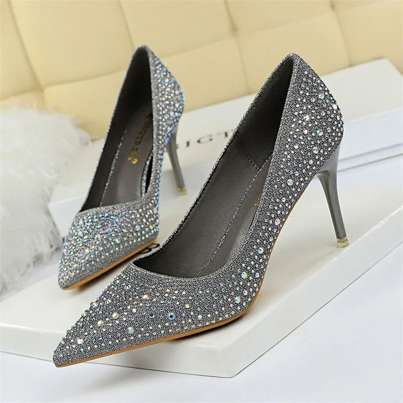 Shallow Mouth Pointed Color Rhinestone Pumps Wedding Party Sweet Pump Stiletto Thin High Heel Single Shoes