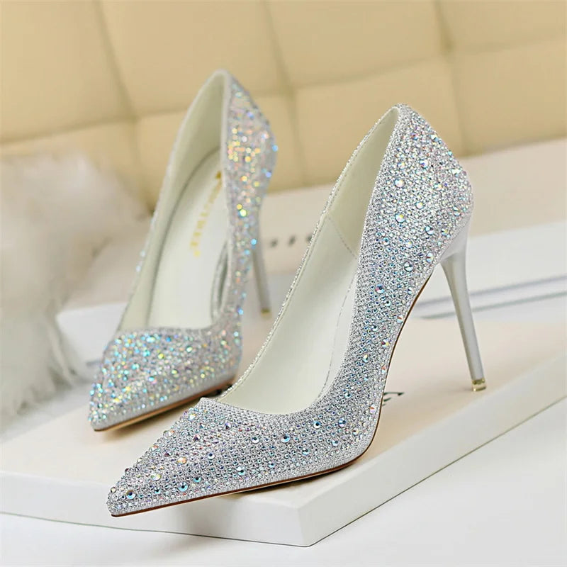 Shallow Mouth Pointed Color Rhinestone Pumps Wedding Party Sweet Pump Stiletto Thin High Heel Single Shoes