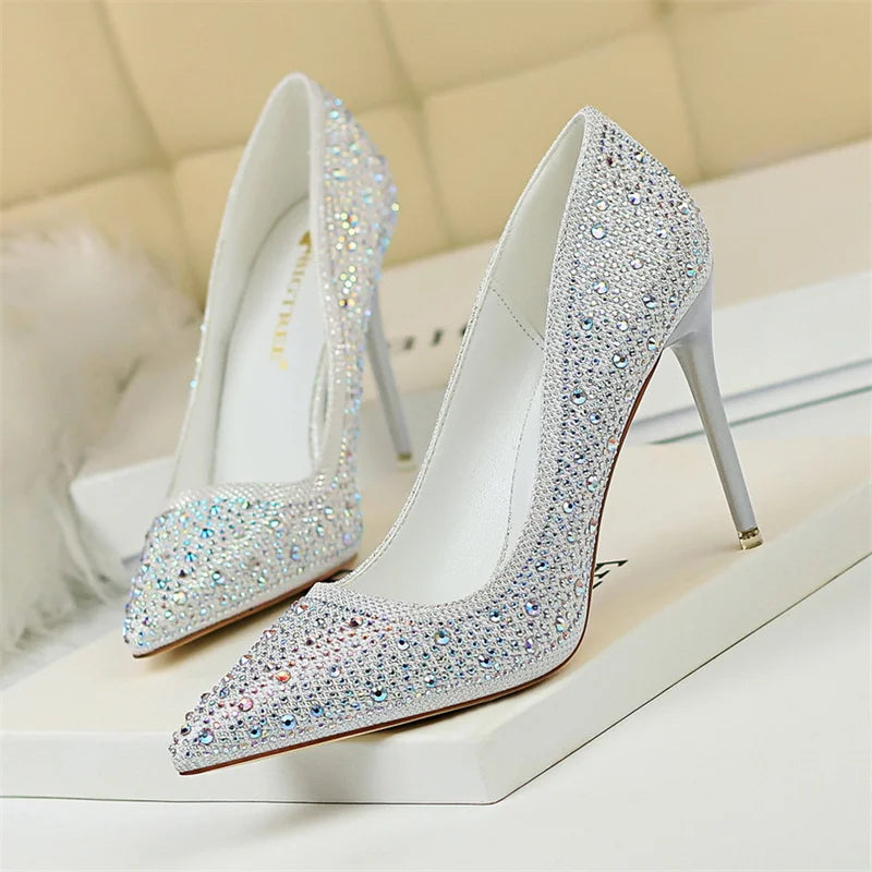 Shallow Mouth Pointed Color Rhinestone Pumps Wedding Party Sweet Pump Stiletto Thin High Heel Single Shoes