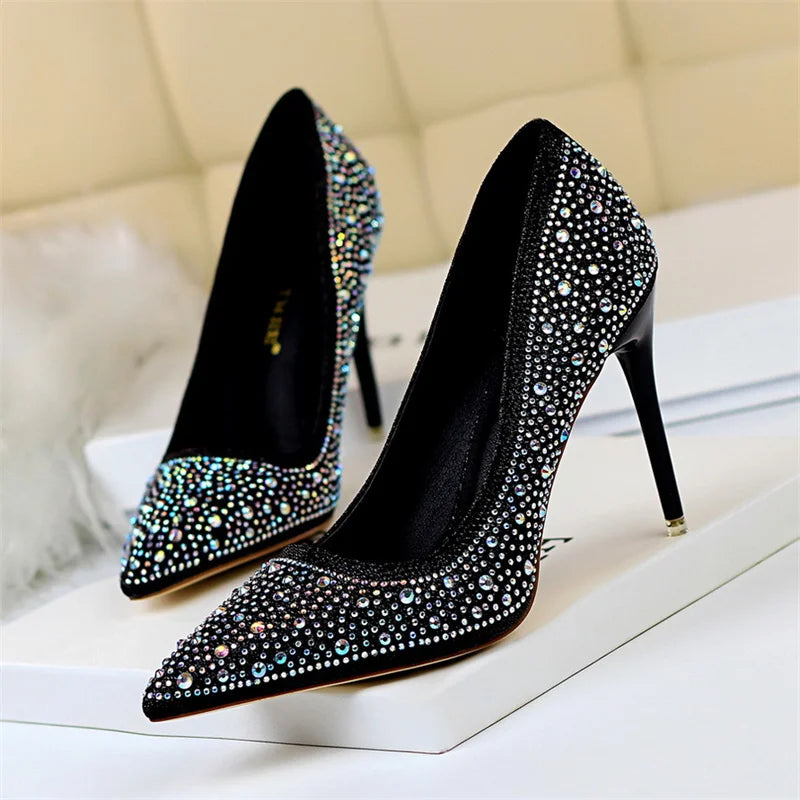 Shallow Mouth Pointed Color Rhinestone Pumps Wedding Party Sweet Pump Stiletto Thin High Heel Single Shoes
