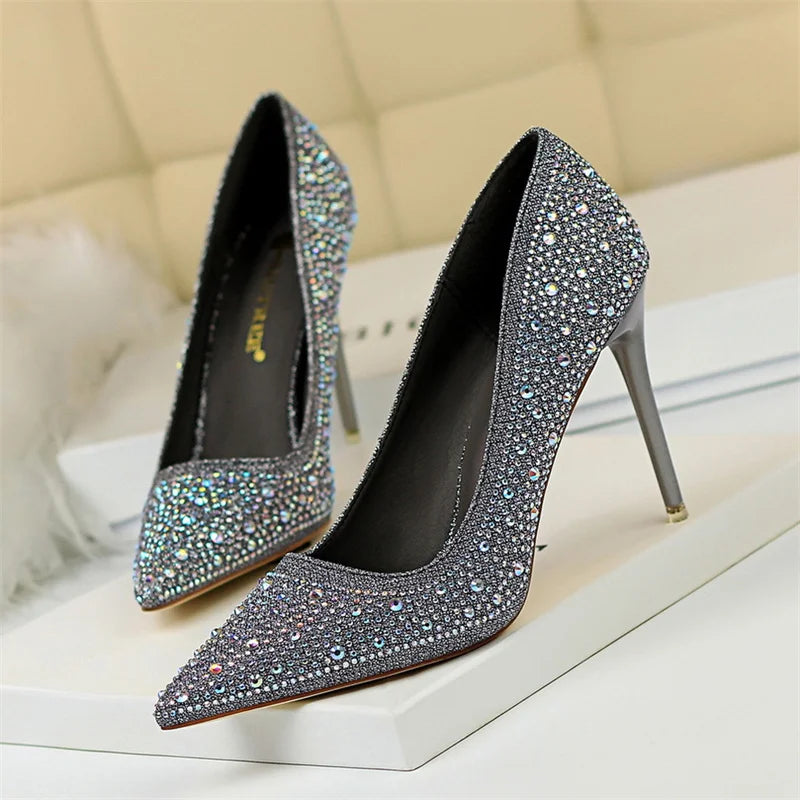 Shallow Mouth Pointed Color Rhinestone Pumps Wedding Party Sweet Pump Stiletto Thin High Heel Single Shoes