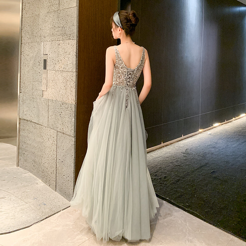 Shiny Beaded V Back Tulle Long Prom Dress