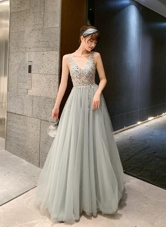 Shiny Beaded V Back Tulle Long Prom Dress