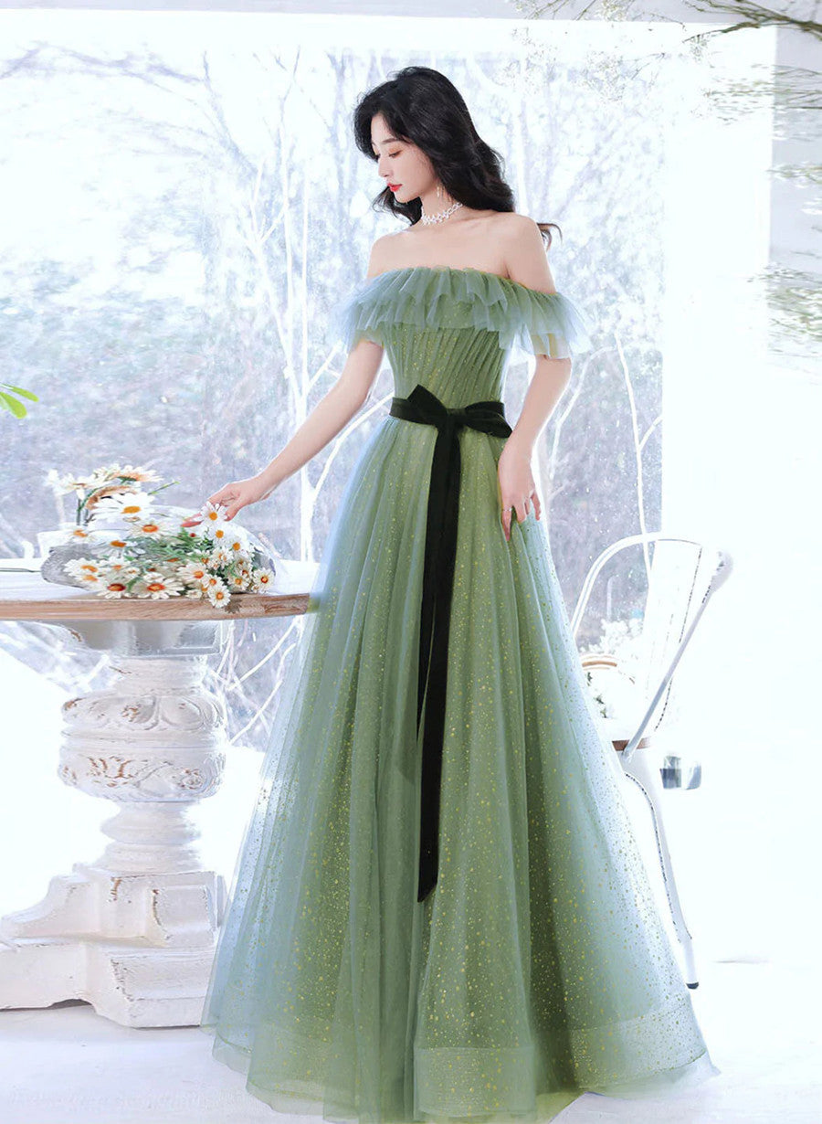 Light Green Tulle Off Shoulder Shiny Tulle Party Dress