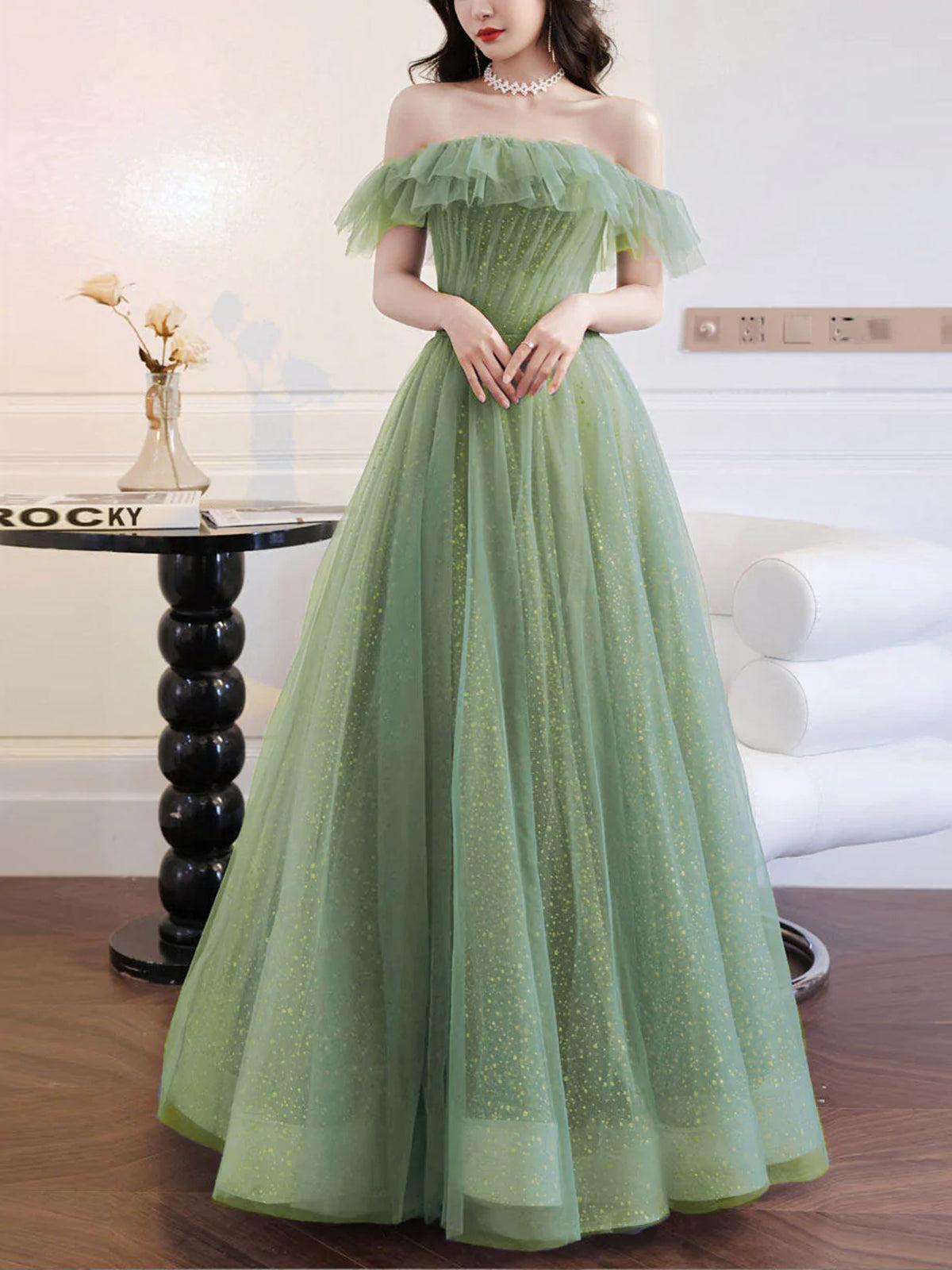 Light Green Tulle Off Shoulder Shiny Tulle Party Dress
