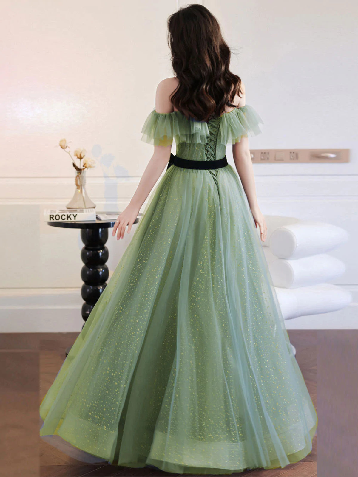 Light Green Tulle Off Shoulder Shiny Tulle Party Dress