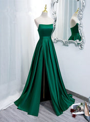 Vestido de fiesta largo sencillo de satén verde con abertura en la pierna 