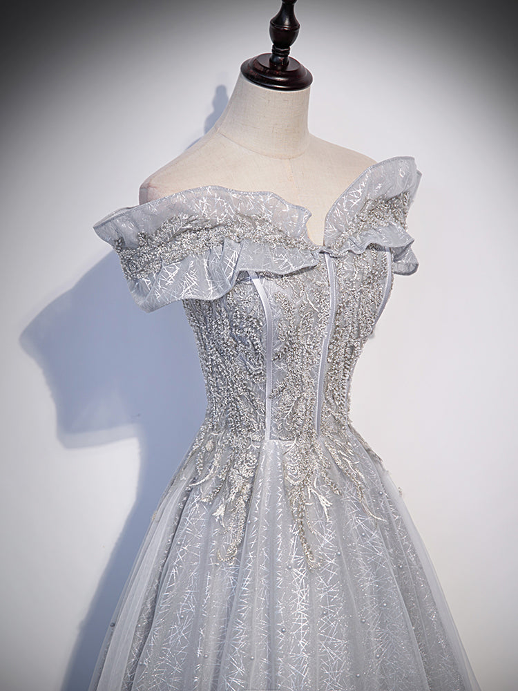 Vestido de fiesta con hombros descubiertos de tul brillante gris plateado 