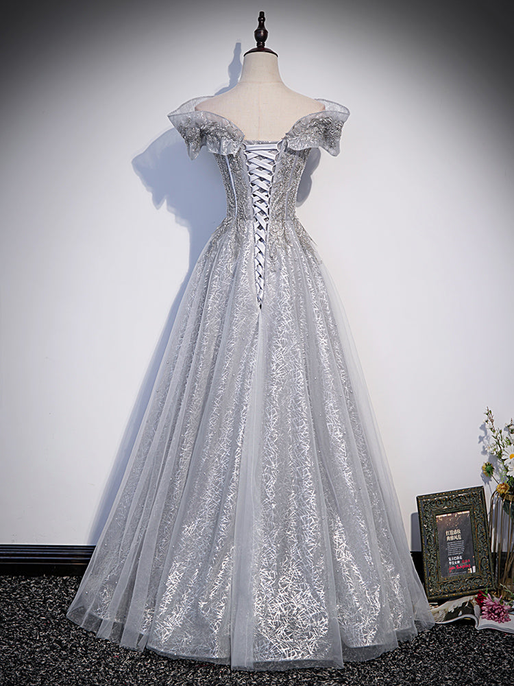 Vestido de fiesta con hombros descubiertos de tul brillante gris plateado 