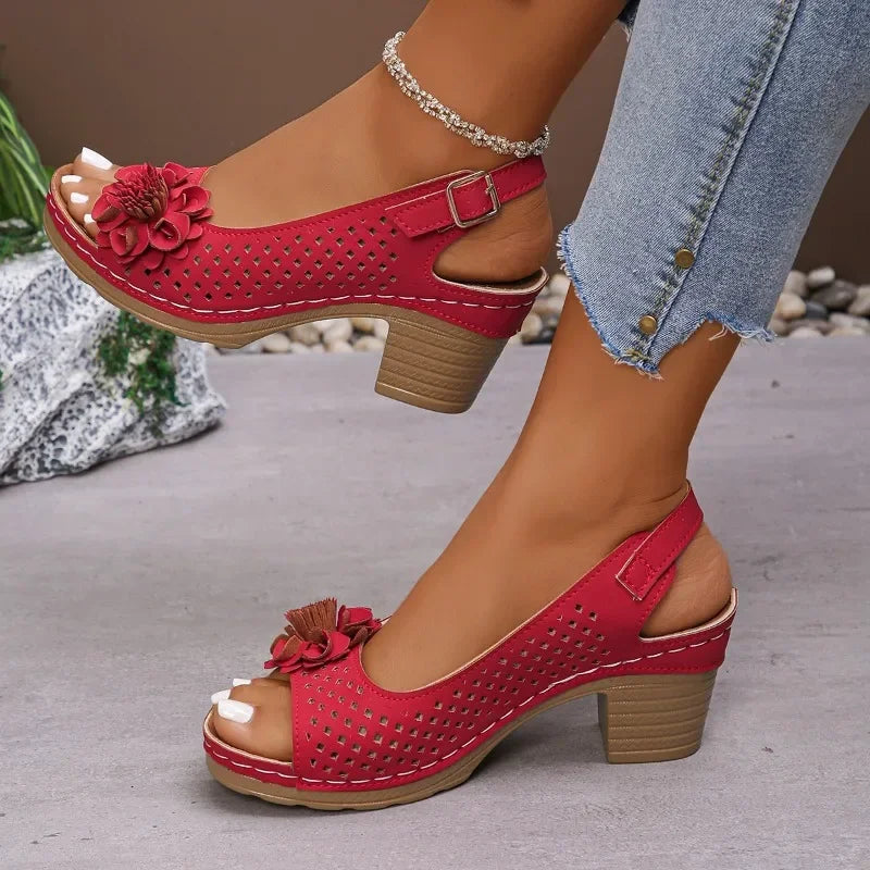 Open-Toe Hollow Out Thick Heel Sandals with Flower Decoration Back Strap Design Increased Breathable PU Upper Rubber