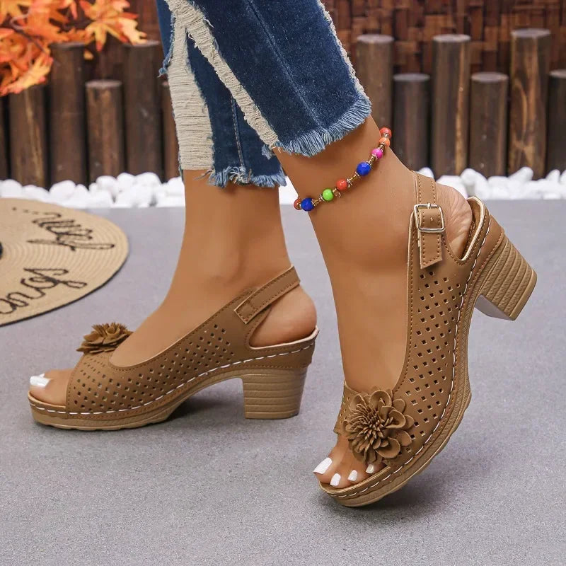 Open-Toe Hollow Out Thick Heel Sandals with Flower Decoration Back Strap Design Increased Breathable PU Upper Rubber