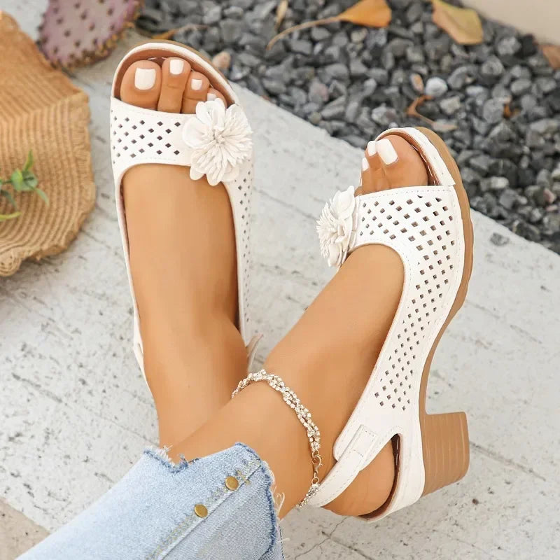 Open-Toe Hollow Out Thick Heel Sandals with Flower Decoration Back Strap Design Increased Breathable PU Upper Rubber