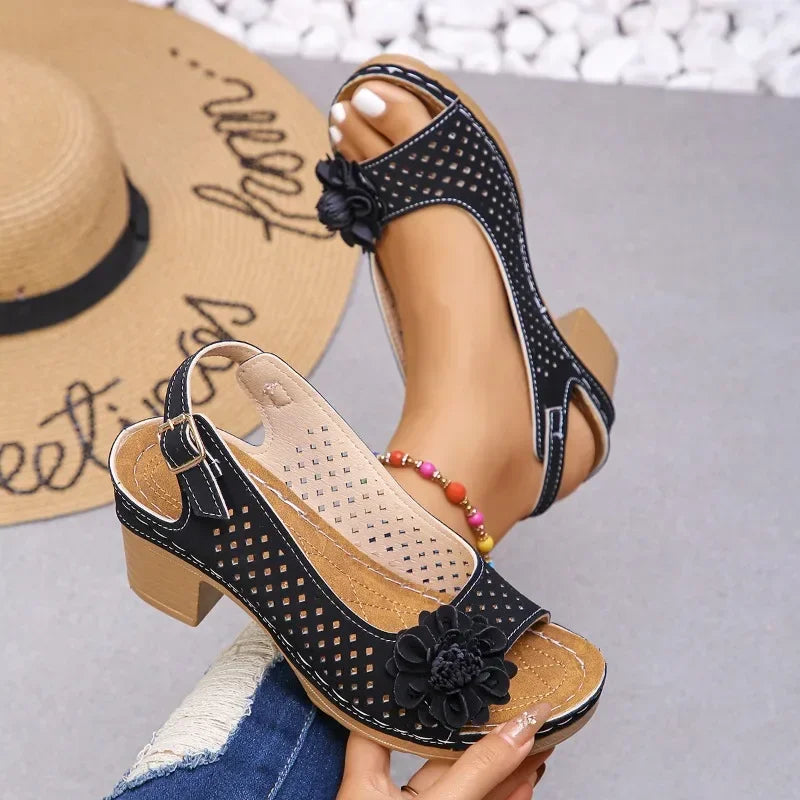 Open-Toe Hollow Out Thick Heel Sandals with Flower Decoration Back Strap Design Increased Breathable PU Upper Rubber