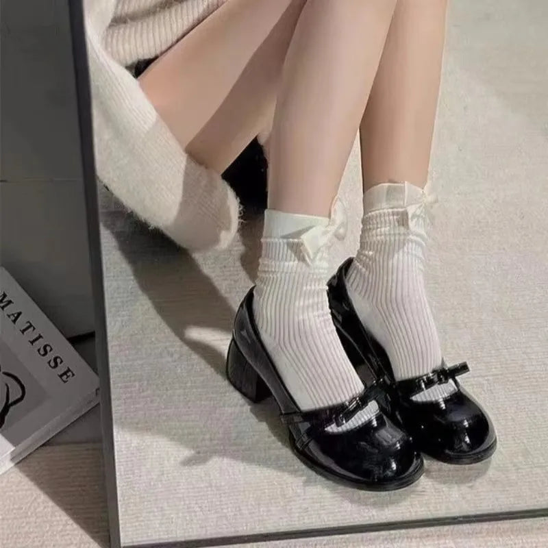 Spring/autumn Mid Heel Mary Janes Square Toe Square Heel Hot Sale Shoes Solid Butterfly-knot Pumps