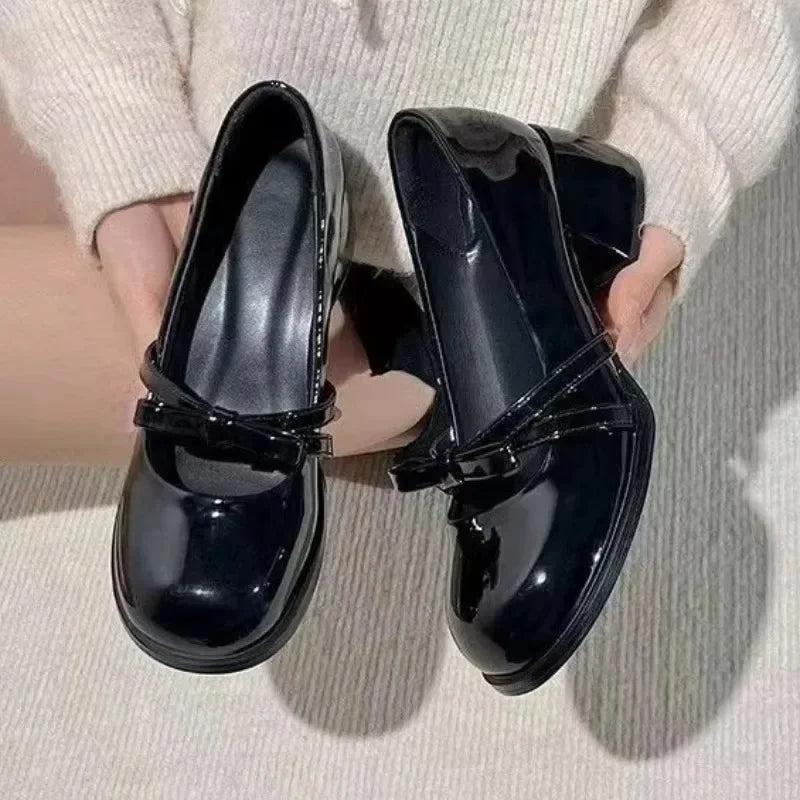 Spring/autumn Mid Heel Mary Janes Square Toe Square Heel Hot Sale Shoes Solid Butterfly-knot Pumps