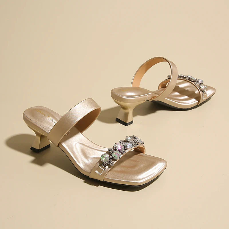 Square Toe High Heels Slippers Luxury Crystal Shoes Sexy Heeled Sandals Party
