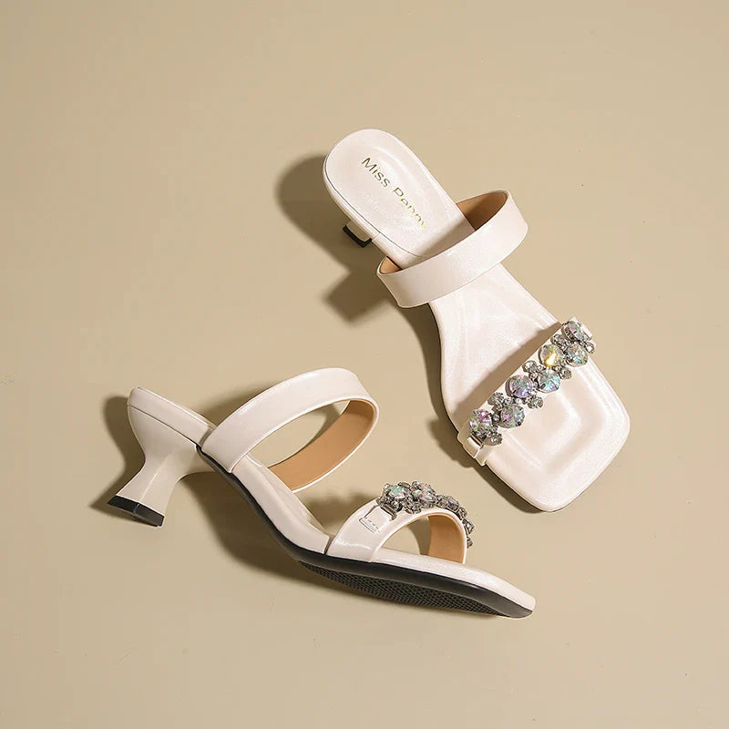 Square Toe High Heels Slippers Luxury Crystal Shoes Sexy Heeled Sandals Party