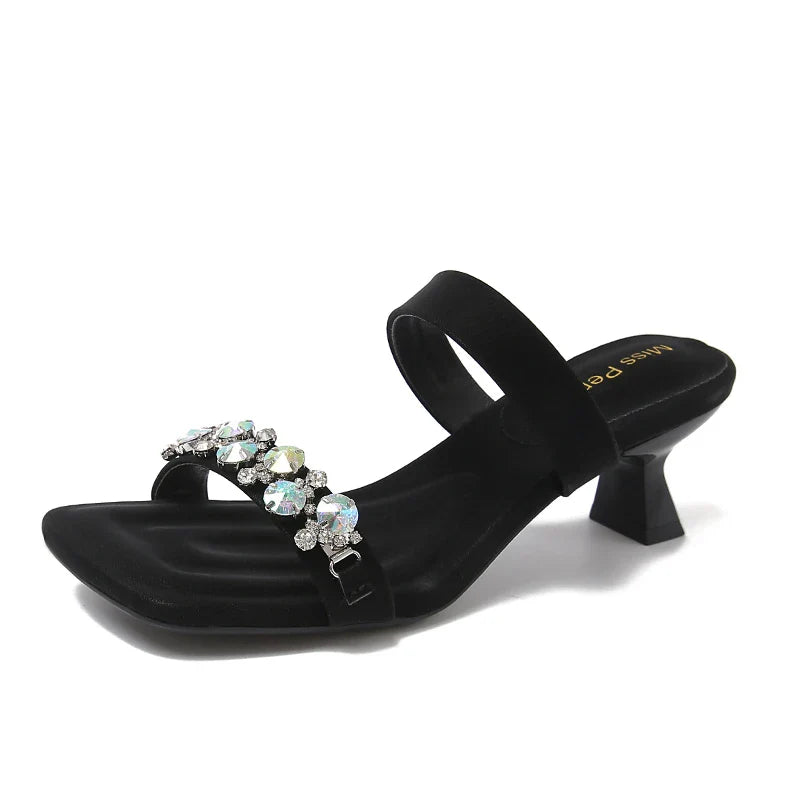 Square Toe High Heels Slippers Luxury Crystal Shoes Sexy Heeled Sandals Party