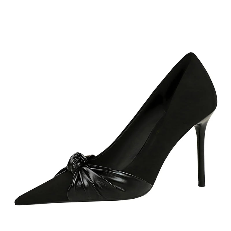 Suede Pumps Shallow Mouth Pointed Toe Bow knot High Heels Office Stilettos Design Party Single Shoes 2024