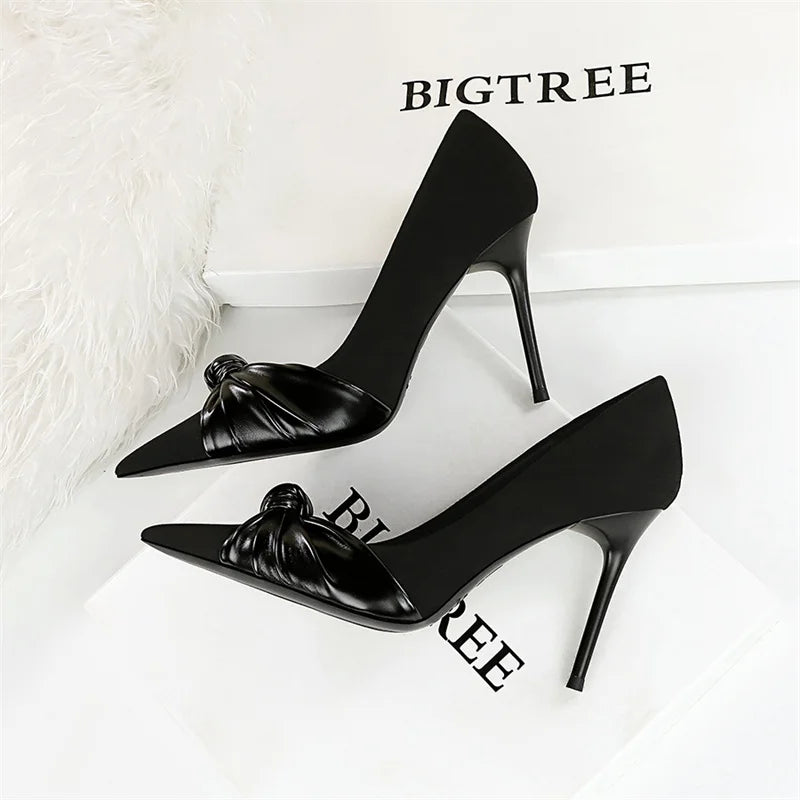 Suede Pumps Shallow Mouth Pointed Toe Bow knot High Heels Office Stilettos Design Party Single Shoes 2024