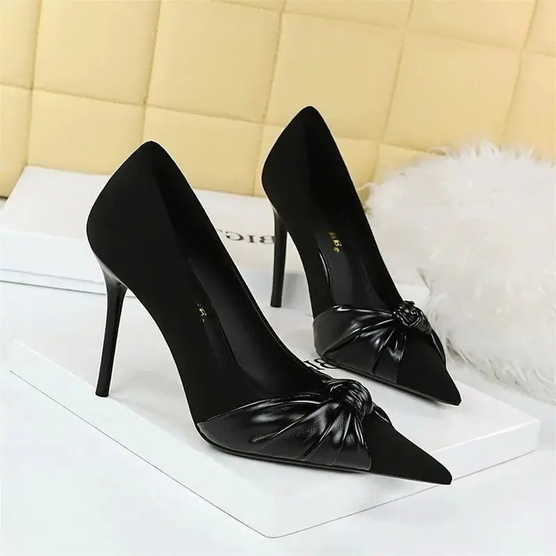 Suede Pumps Shallow Mouth Pointed Toe Bow knot High Heels Office Stilettos Design Party Single Shoes 2024