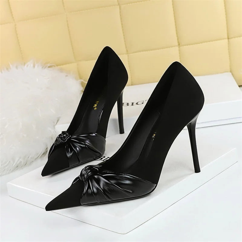 Suede Pumps Shallow Mouth Pointed Toe Bow knot High Heels Office Stilettos Design Party Single Shoes 2024