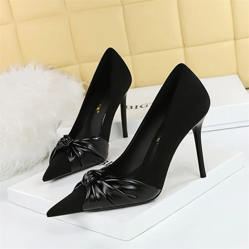 Suede Pumps Shallow Mouth Pointed Toe Bow knot High Heels Office Stilettos Design Party Single Shoes 2024